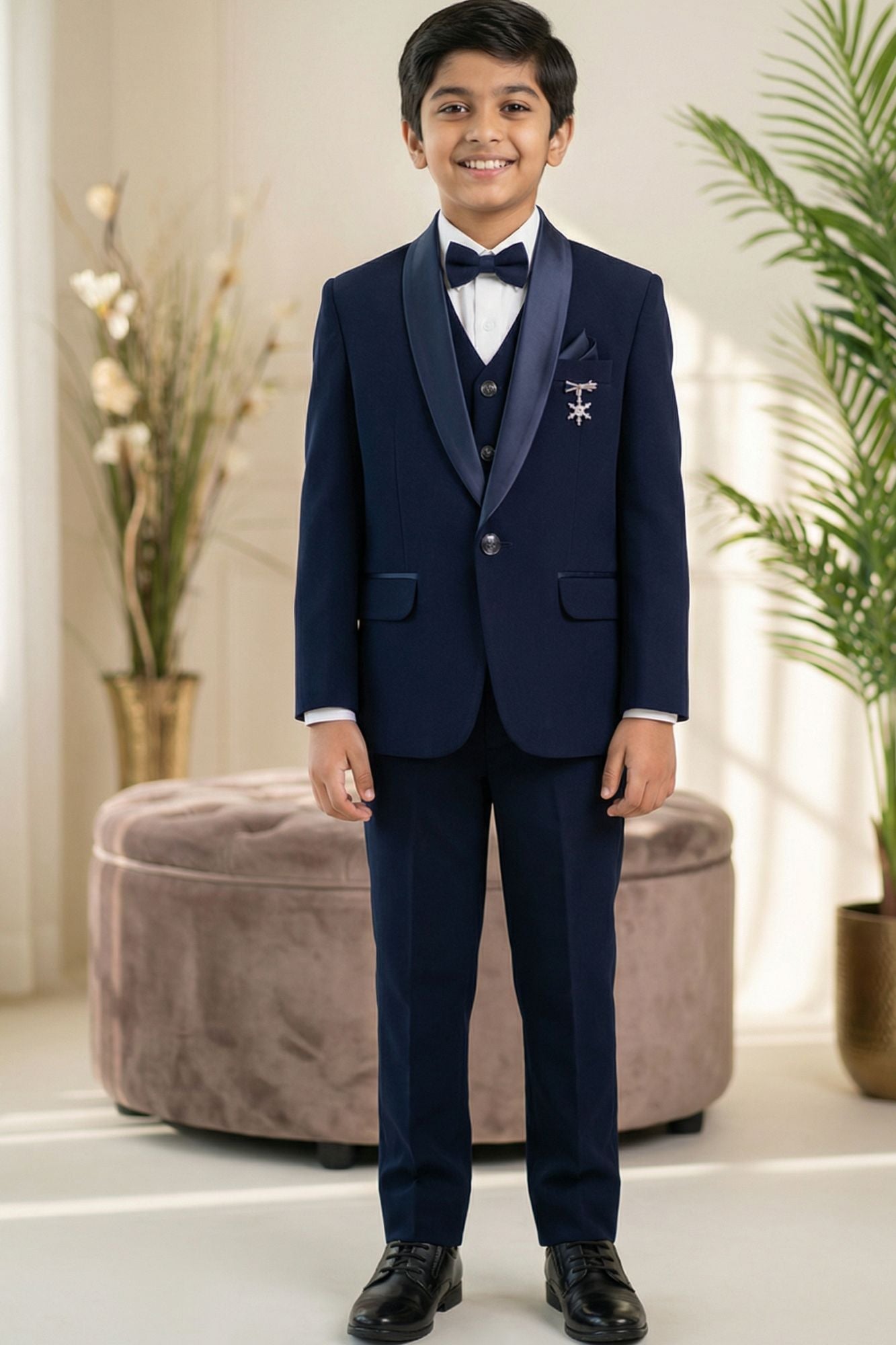 Navy Blue Embroidered 5-Piece Suit Set With Brooch For Boys