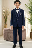 Navy Blue Embroidered 5-Piece Suit Set With Brooch For Boys