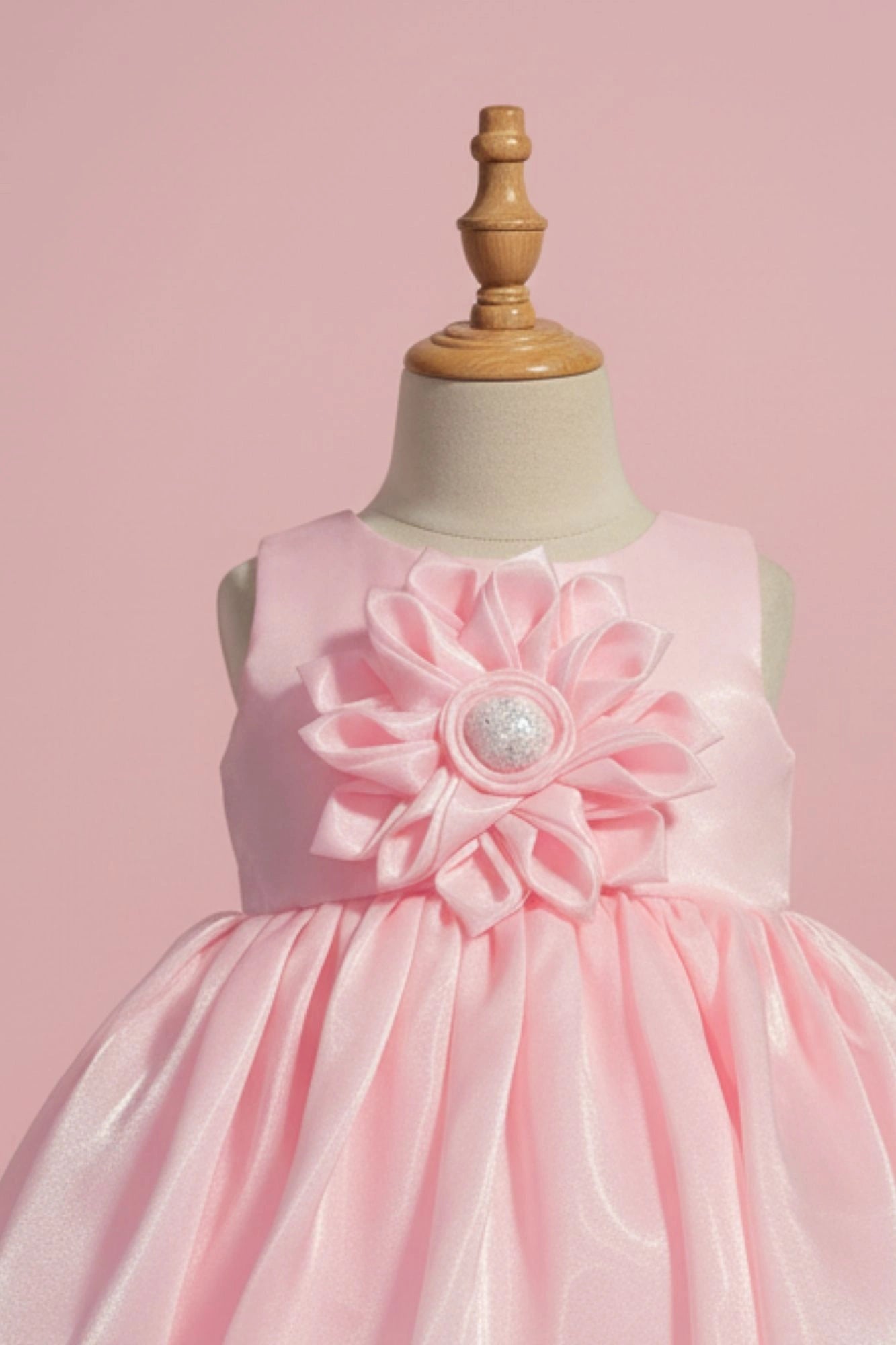Baby Pink Organza Party Wear Dress with 3D Flower Appliqué For Girls
