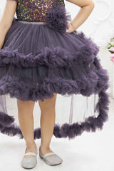 Mauve Frill Sleeves And sequin Embroidery With Floral Embellished Tail Back Frock For Girls