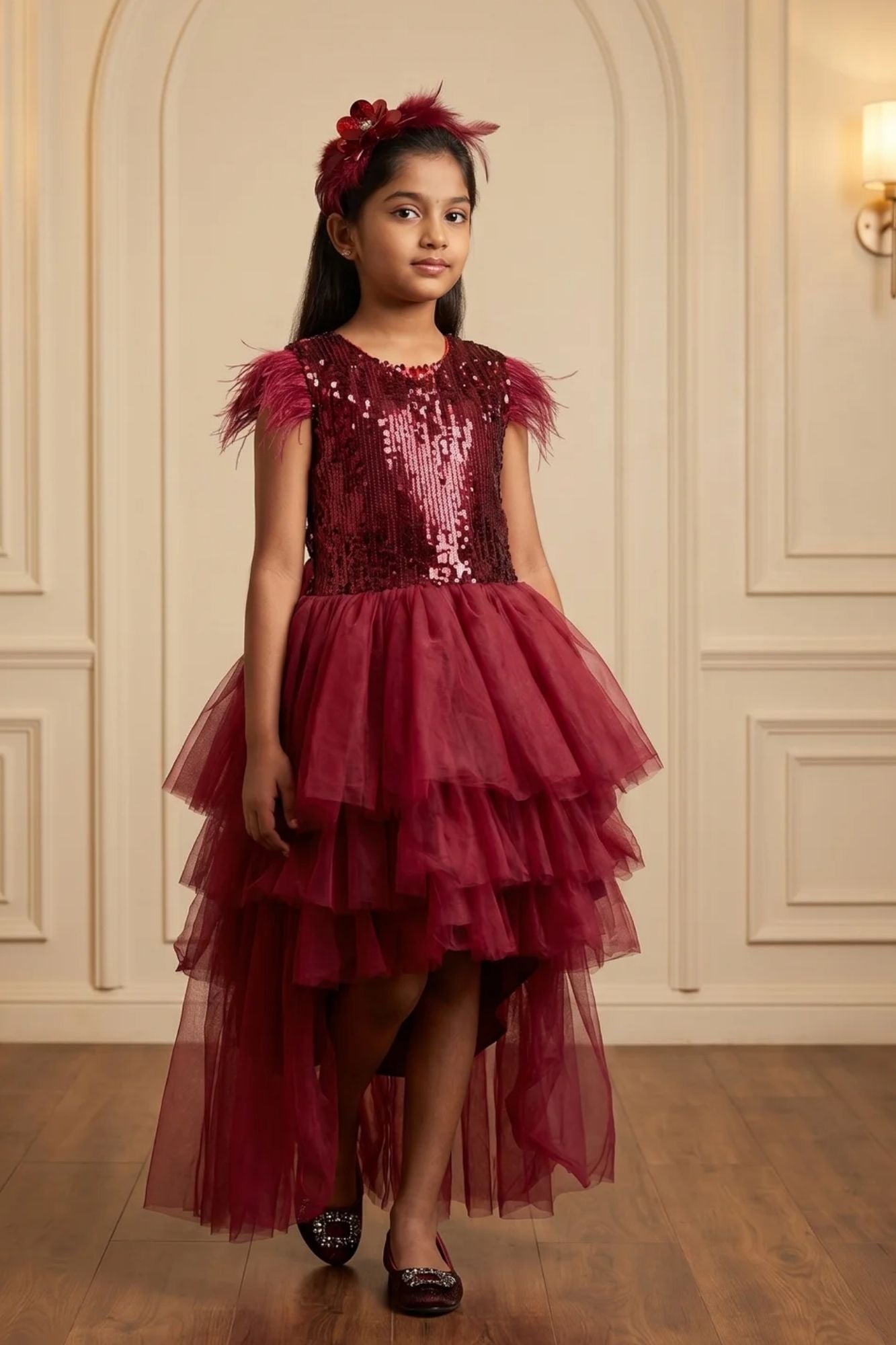 Girls Wine Red High-Low Sequin Party Wear Frock with Layered Net Ruffles