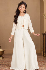 Cream Embroidered Embroidered Palazzo Set With Jacket for Girls