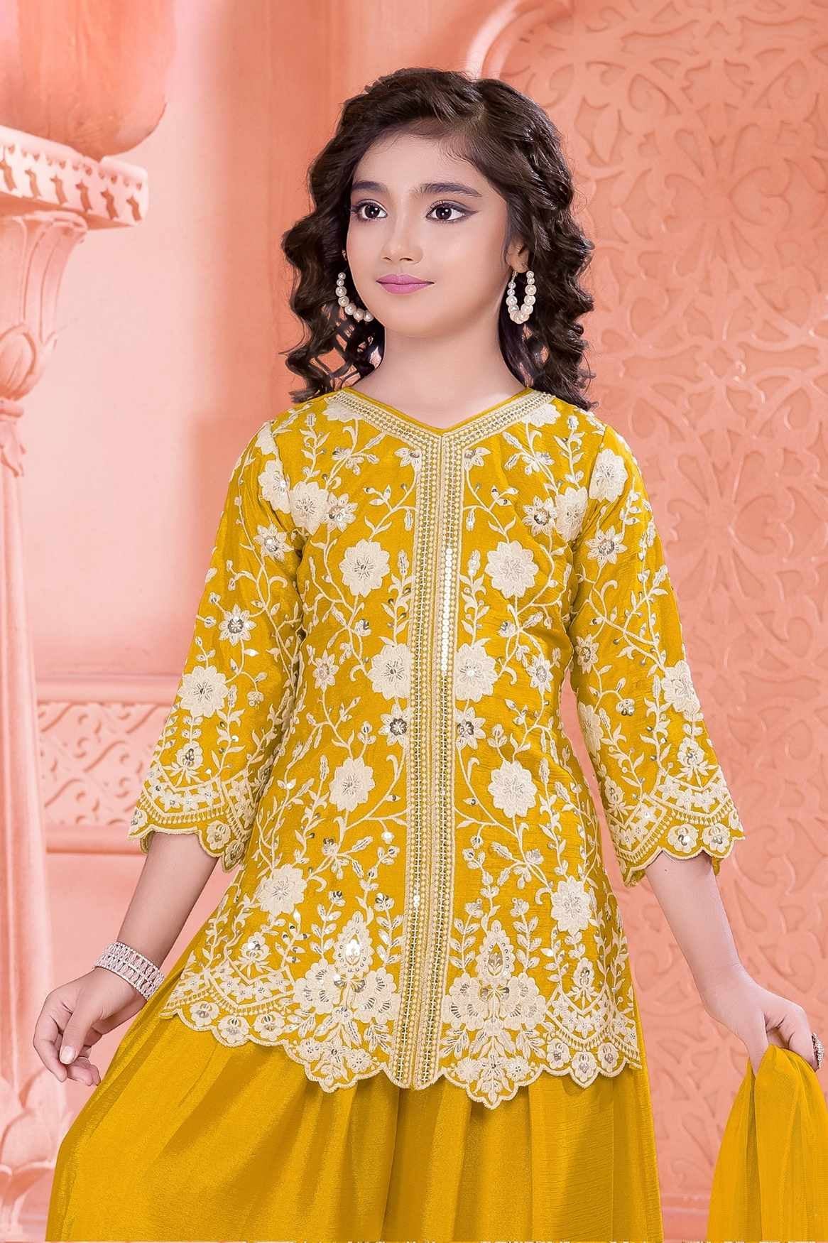 Mustard Yellow Zari Embroidered Palazzo Set For Girls
