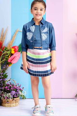 Blue Top With Pleated Skirt Set With Over Coat For Girls