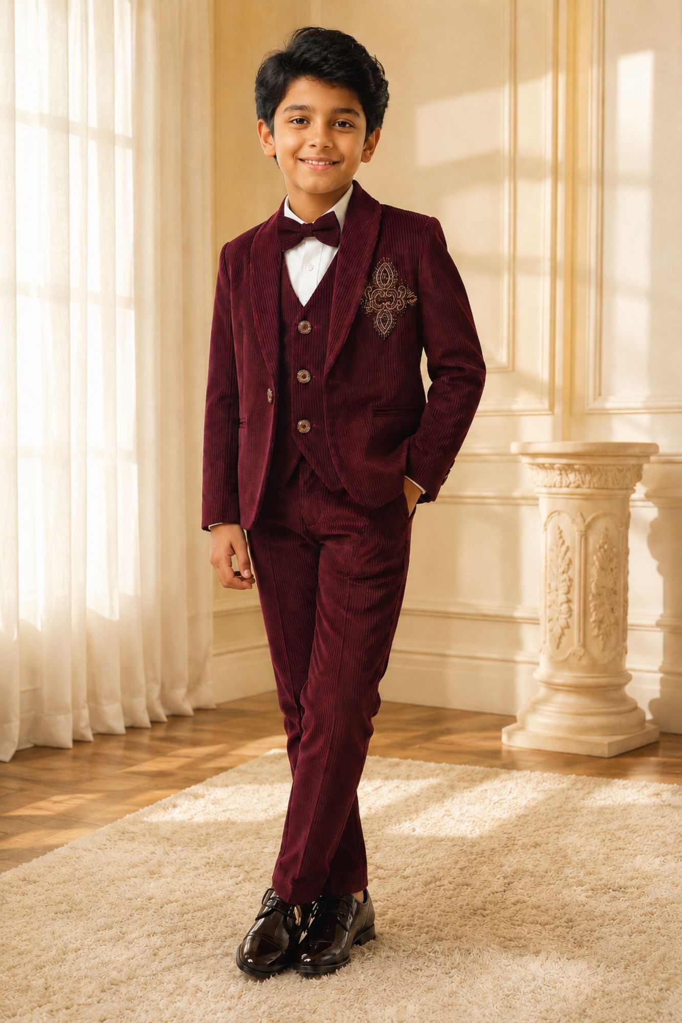 Boys Maroon Embroidered Shawl Collar Party Wear Suit Set