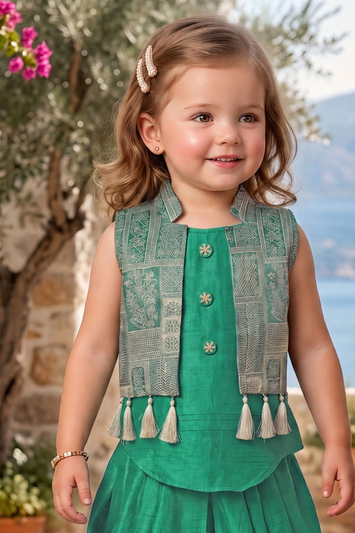 Girls Emerald Green Printed Sleeveless Jacket Style Dhoti Kurti Set
