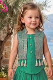 Girls Emerald Green Printed Sleeveless Jacket Style Dhoti Kurti Set