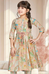 Peach 3/4th Sleeves With Floral Printed And Bead Work Kurta Set For Girls