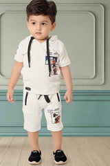 Stylish White T Shirt With Shorts Set For Boys