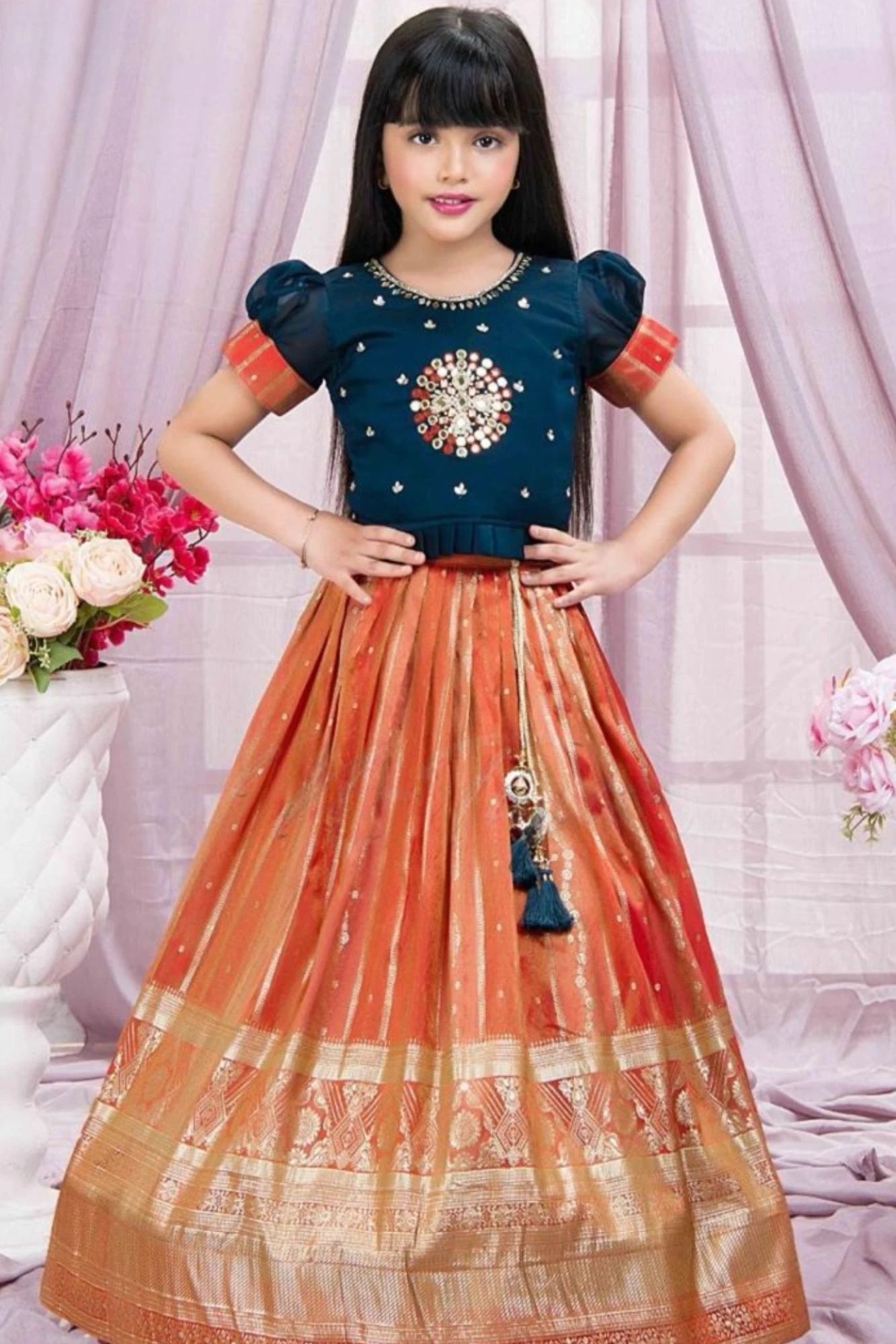 Teal And Orange Embroidered Pattu Pavadai Set For Girls