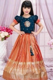 Teal And Orange Embroidered Pattu Pavadai Set For Girls