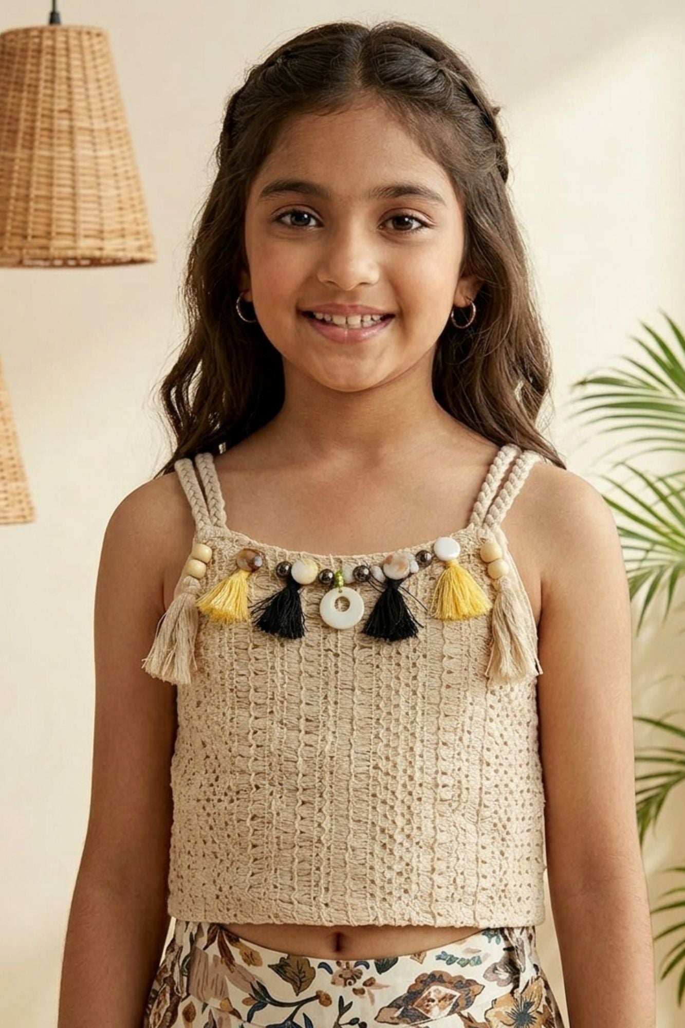 Off White Crochet Top with Beige Floral Printed Wide-Leg Culottes Co-Ord Set for Girls