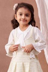 Green Printed Dungaree And Frill Sleeves Shirt For Girls