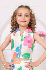 Trendy White Floral Printed Sleeveless Jacket And Pant Co Ord Set For Girls