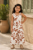 Girls White And Brown Floral Printed Co-Ord Set with Sleeveless Bow Strap Top And Flared Pants