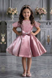 Dusty Pink Satin Party Frock with Floral Lace Bodice