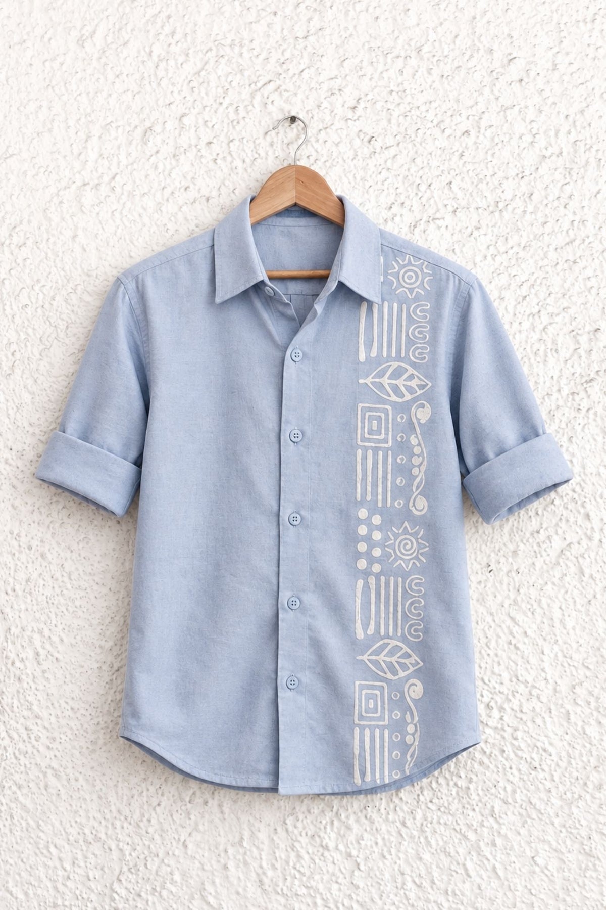 Sky Blue Thread work Shirt with Tribal Stripe Design for Boys