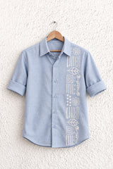 Sky Blue Thread work Shirt with Tribal Stripe Design for Boys