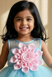 Girls Pastel Blue And Pink High-Low Tulle Party Dress with Floral Applique