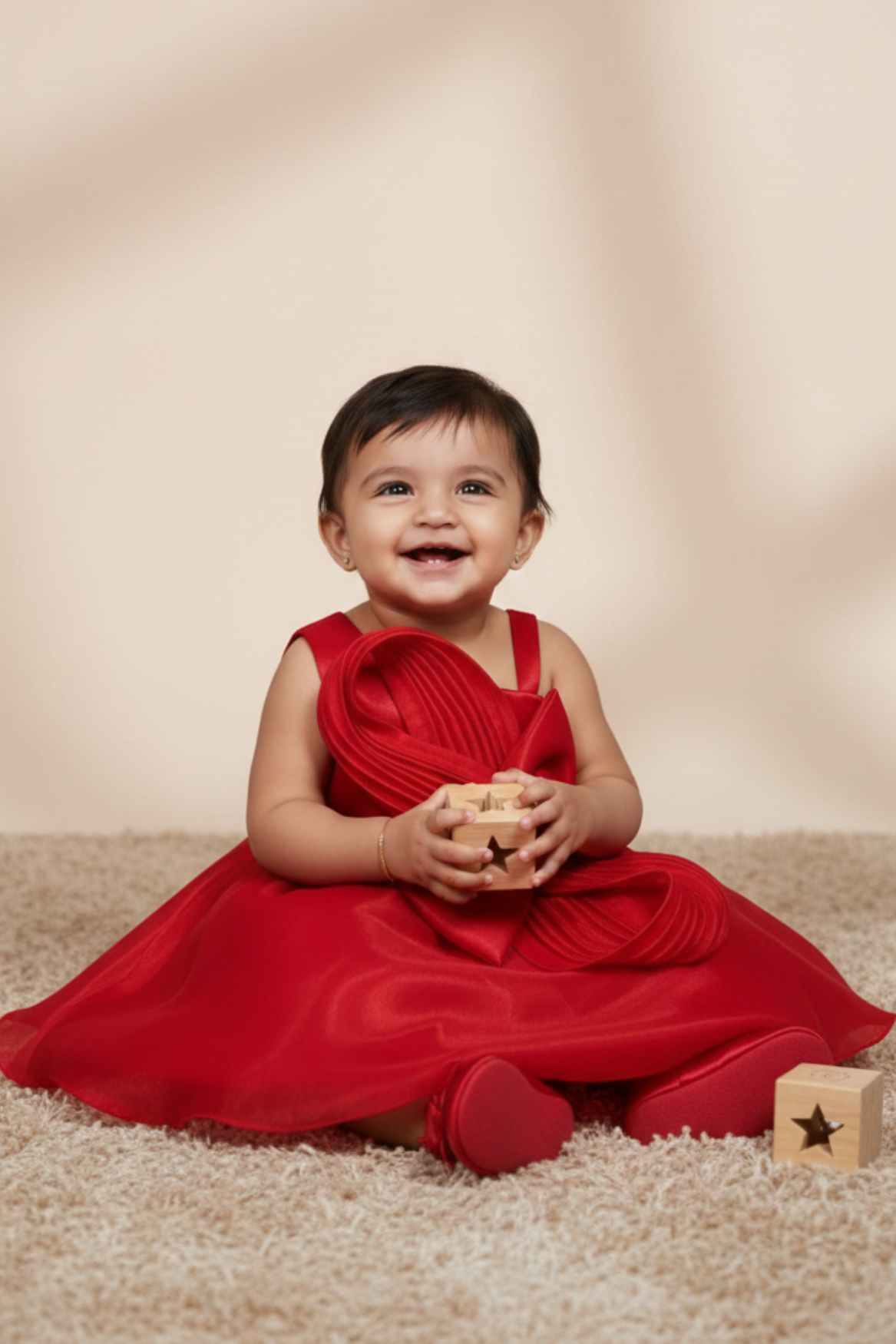 Red Embellished Party Frock with Pleated Petal Bow For Girls