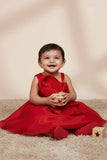 Red Embellished Party Frock with Pleated Petal Bow For Girls