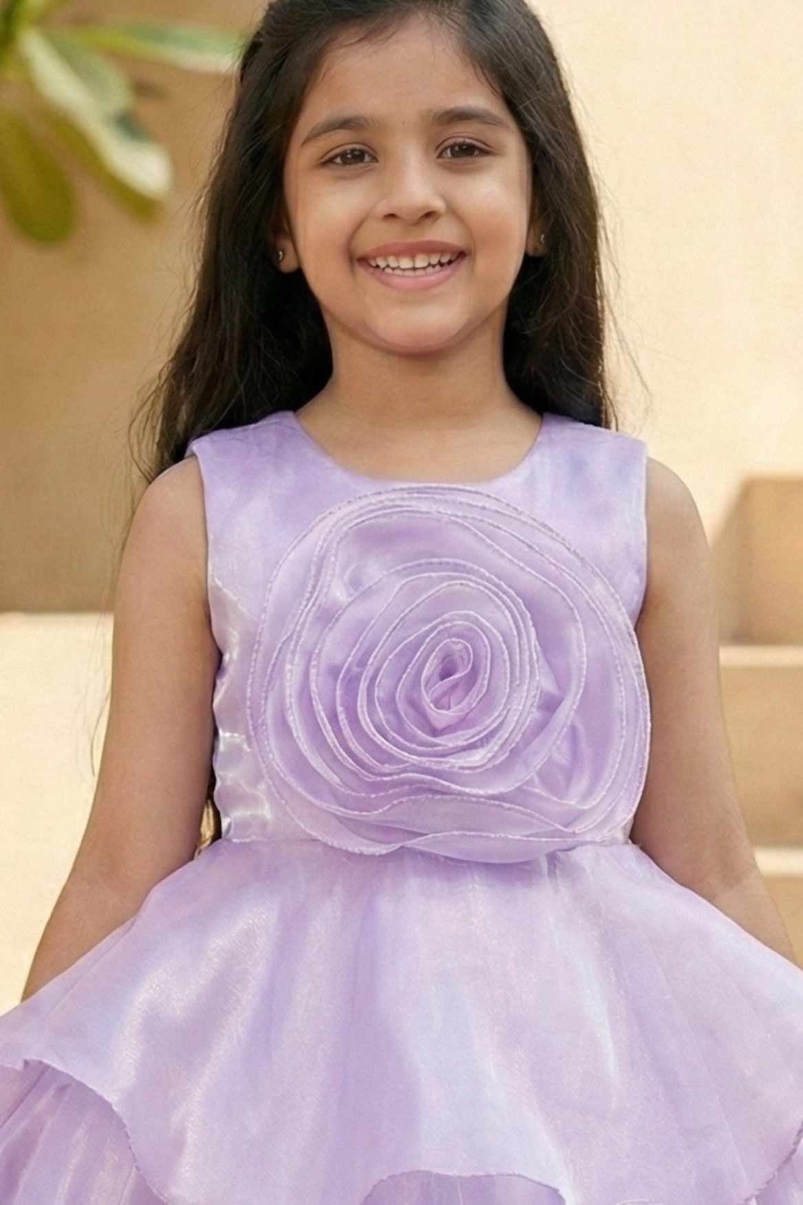 Lavender Embellished Party Wear Frock with 3D Rose Appliqué For Girls