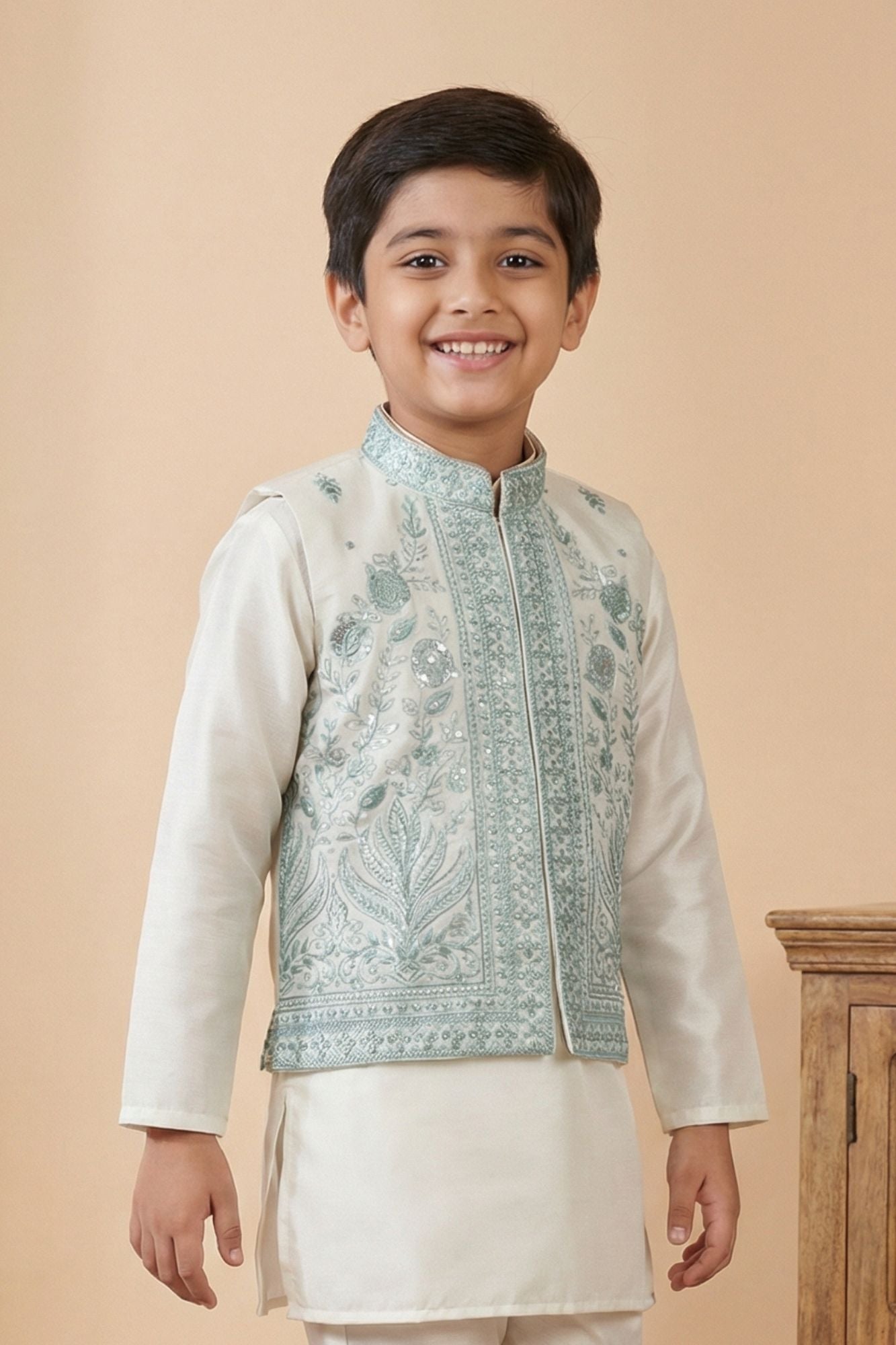 Cream Embroidered Kurta Set with Nehru Jacket For Boys