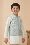 Cream Embroidered Kurta Set with Nehru Jacket For Boys