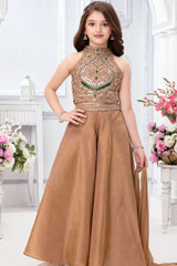 Girls Elegant Champagne Gold Sequin And Stone Embellished Palazzo Set