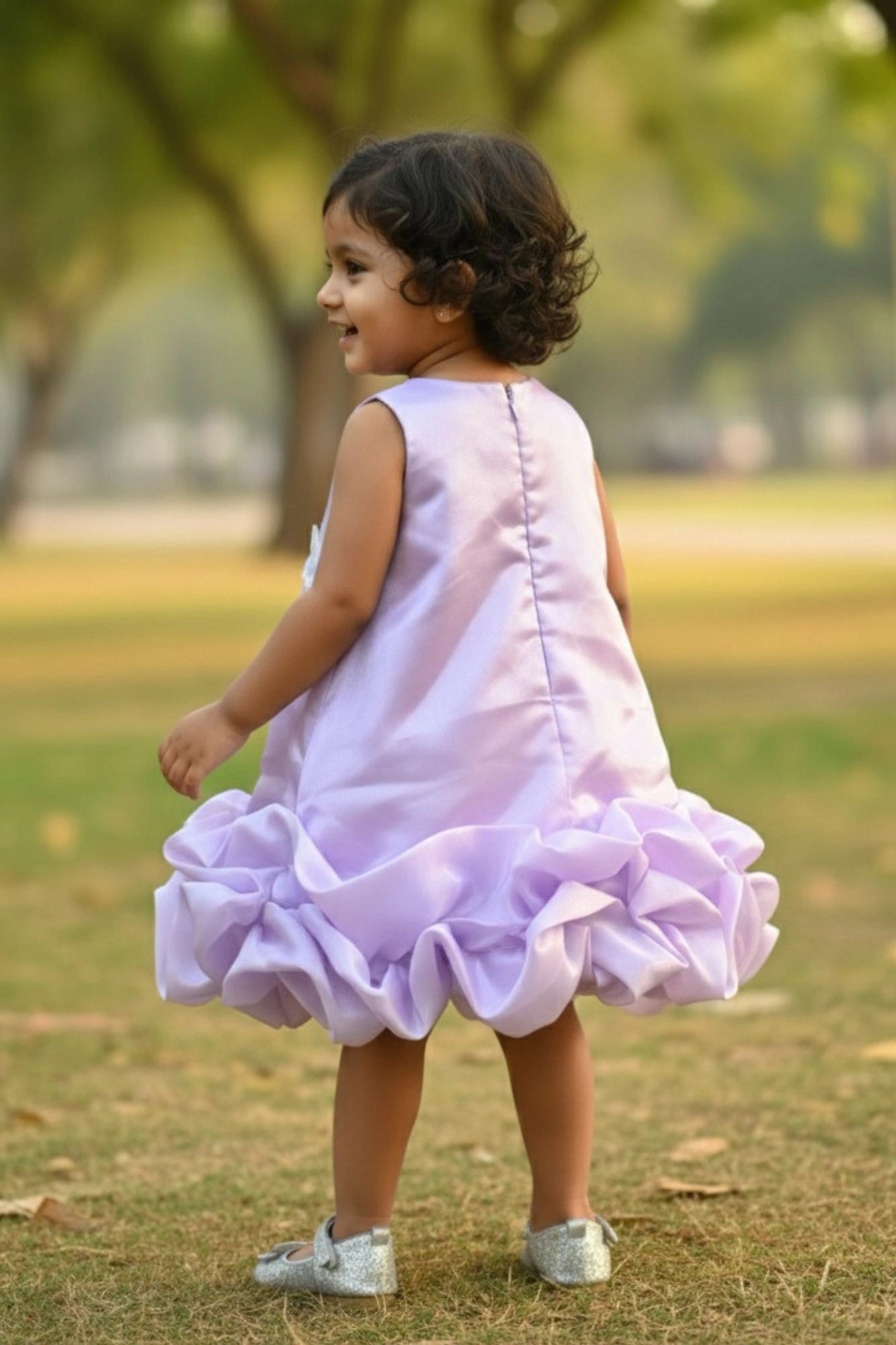 Lavender Party Wear Frock with 3D Butterfly Appliqués and Bubble Hemline For Girls