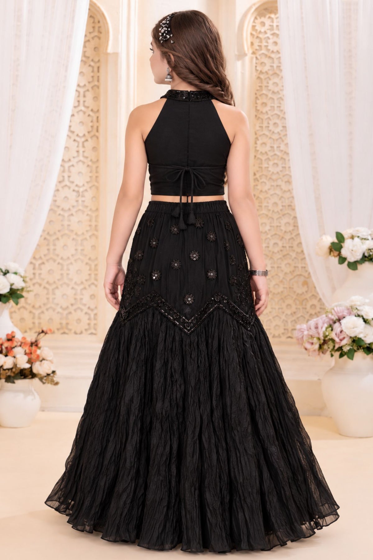 Girls Heavy Sequin Embroidered Black Fishcut Mermaid Lehenga Choli Set With Dupatta