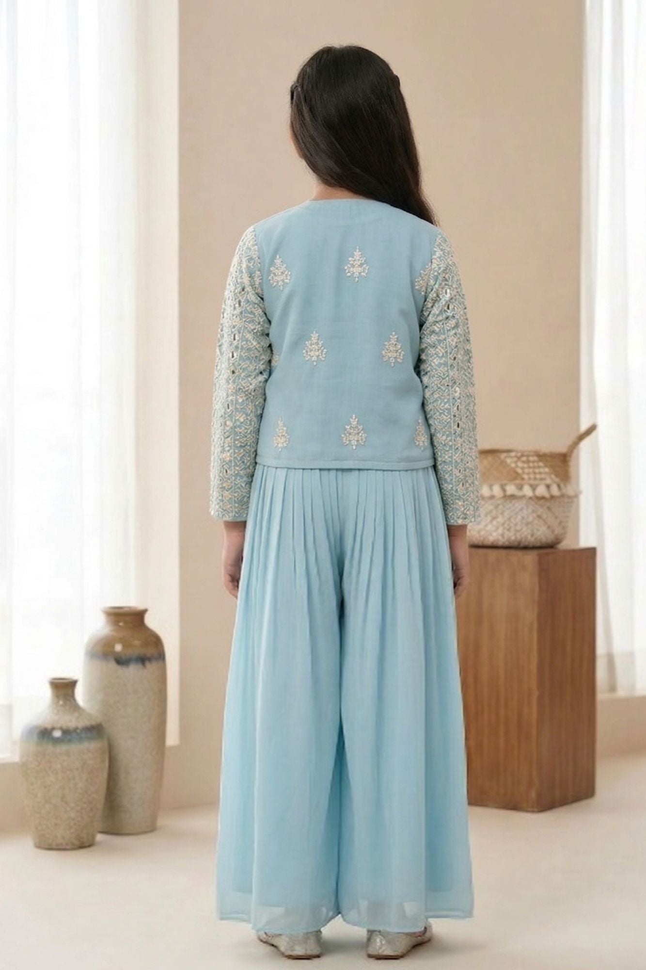 Blue Embroidered Palazzo Set With Mirror Work Jacket For Girls