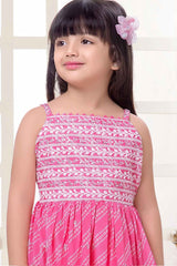 Pink Bandhani Print And Embroidered Top With Sharara Bottom Set For Girls