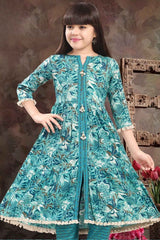 Blue Floral Printed And Sequins Work Kurta With Pant Set For Girls