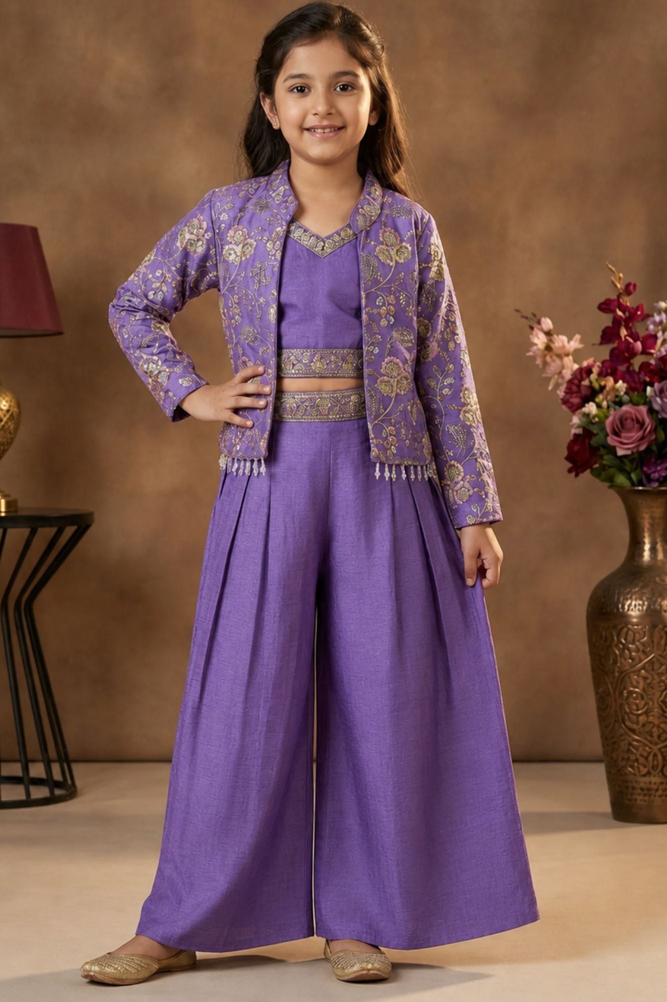 Purple Palazzo Set with Embroidered Jacket For Girls