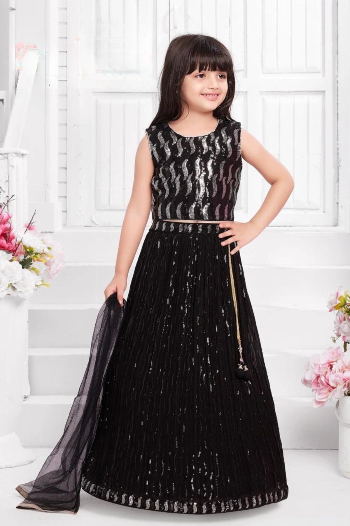 Black Sequin Embellished Lehenga Choli with Dupatta For Girls