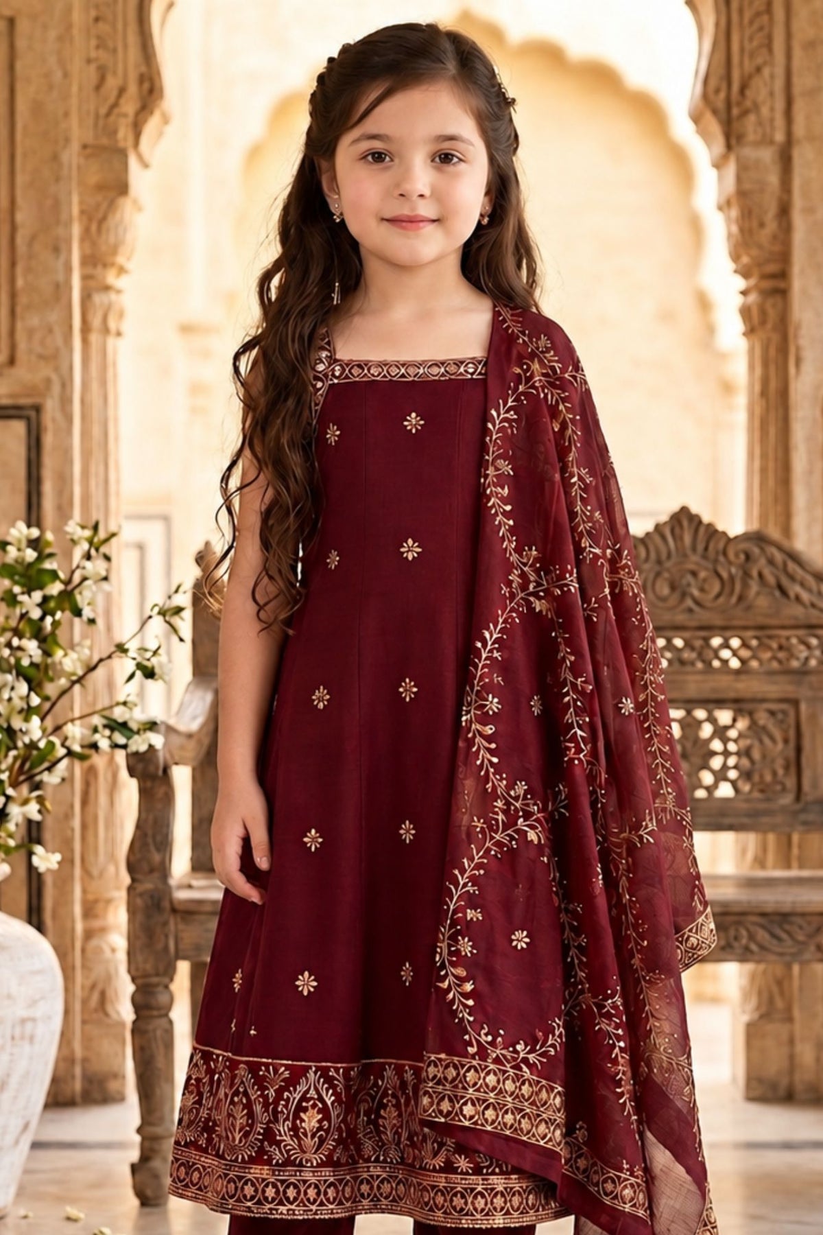 Girls Maroon Embroidered Sleeveless Kurta Set With Dupatta