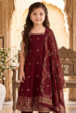 Girls Maroon Embroidered Sleeveless Kurta Set With Dupatta