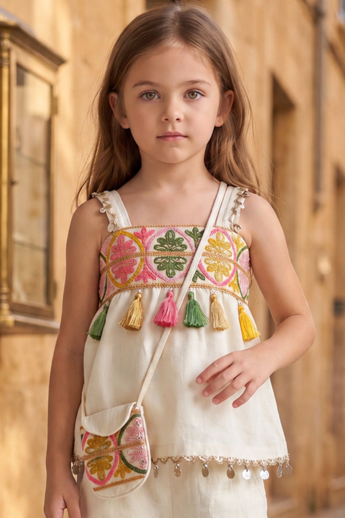 Girls White Multicolor Embroidered Co-ord Set