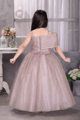 Onion Pink Sleeveless And Bow Embellishment With Stone Worked Gown For Girls