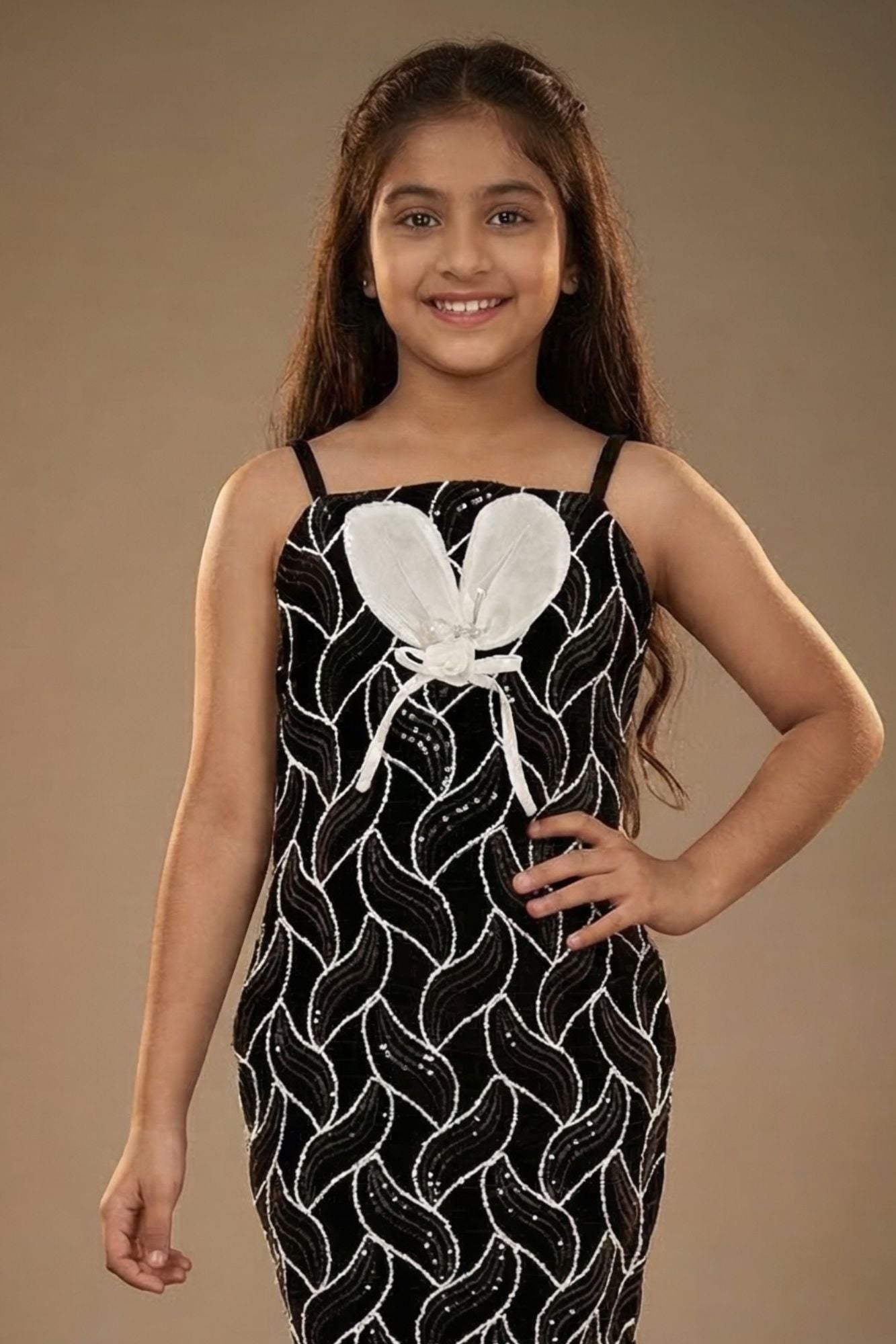 Black and Silver Leaf Sequin Party Wear Gown With 3D Bow Appliqué For Girls