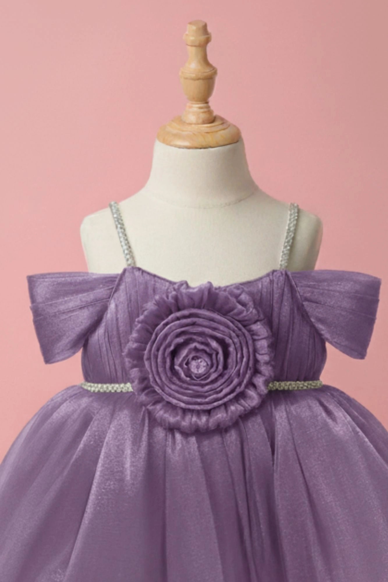 Lavender Party Frock with Pleated Flower Appliqué and Shimmer Finish For Girls