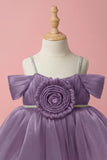 Lavender Party Frock with Pleated Flower Appliqué and Shimmer Finish For Girls