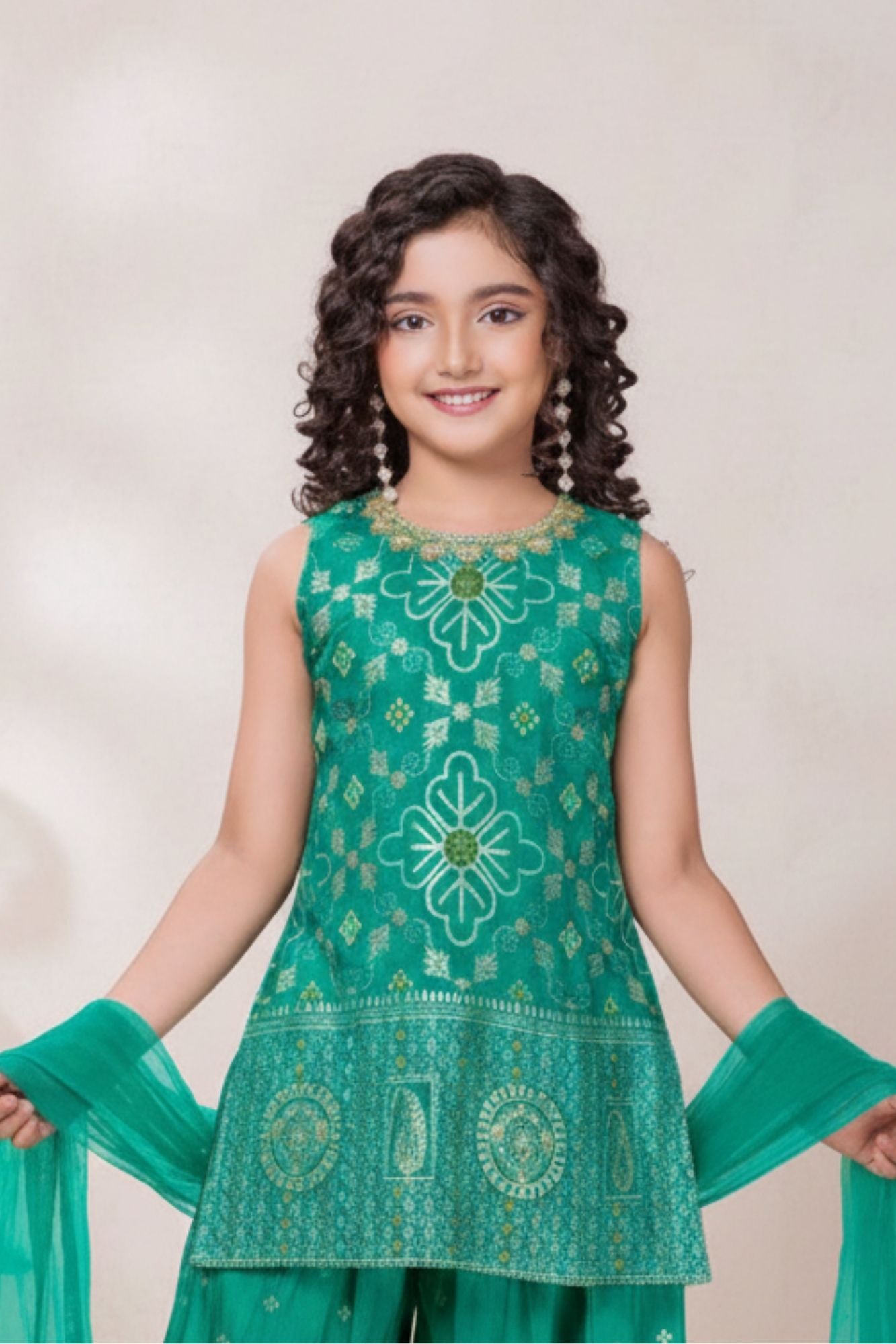Emerald Green Embroidered Kurti Palazzo Set for Girls
