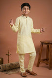Yellow Embroidered Linen Kurta Set For Boys