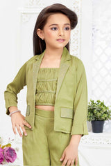 Mehandi Green Casual Co Ord Set With Overcoat For Girls