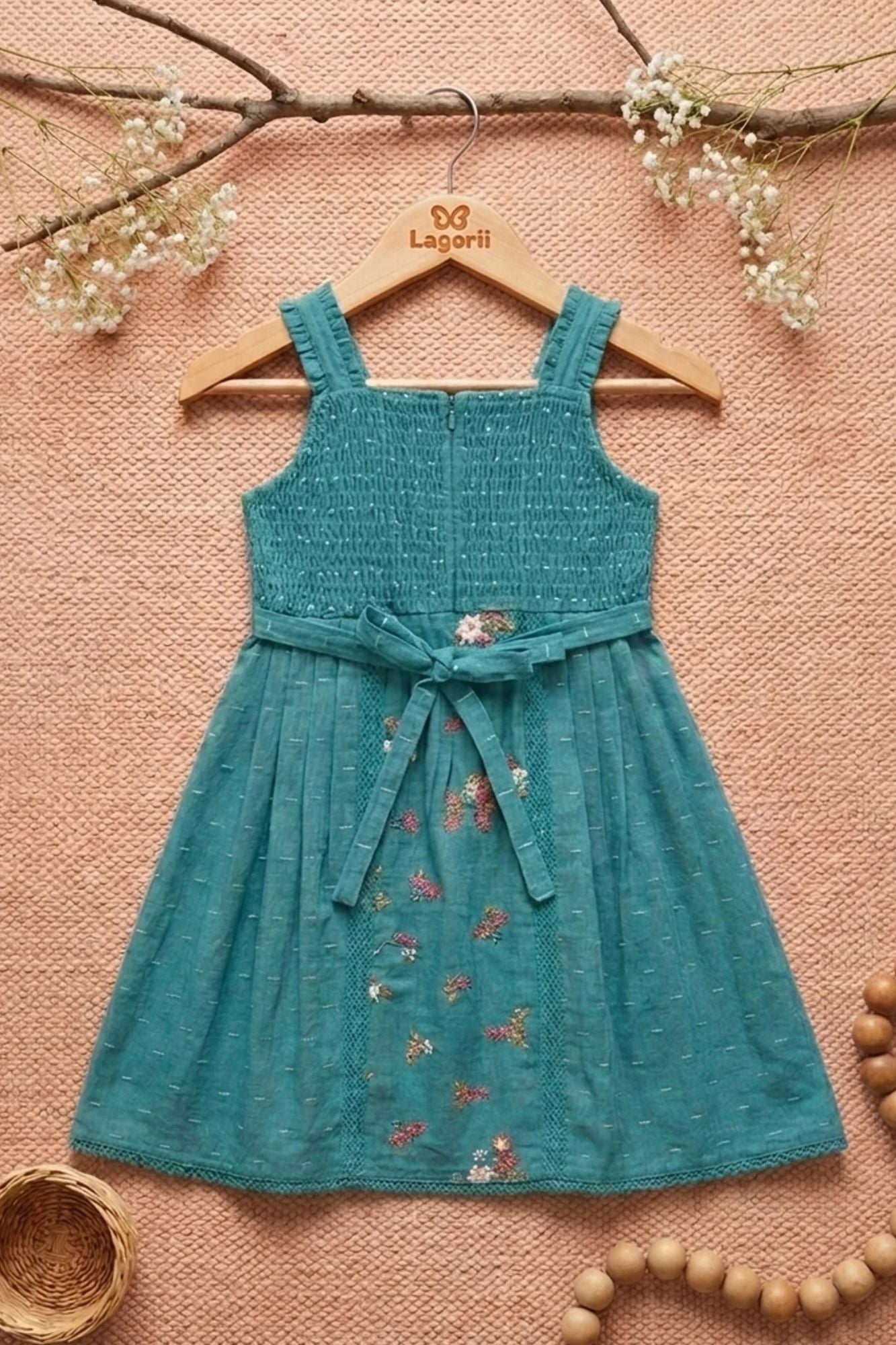 Girls Teal Green Floral Embroidered Sleeveless Dress with Lace Panels