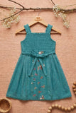 Girls Teal Green Floral Embroidered Sleeveless Dress with Lace Panels