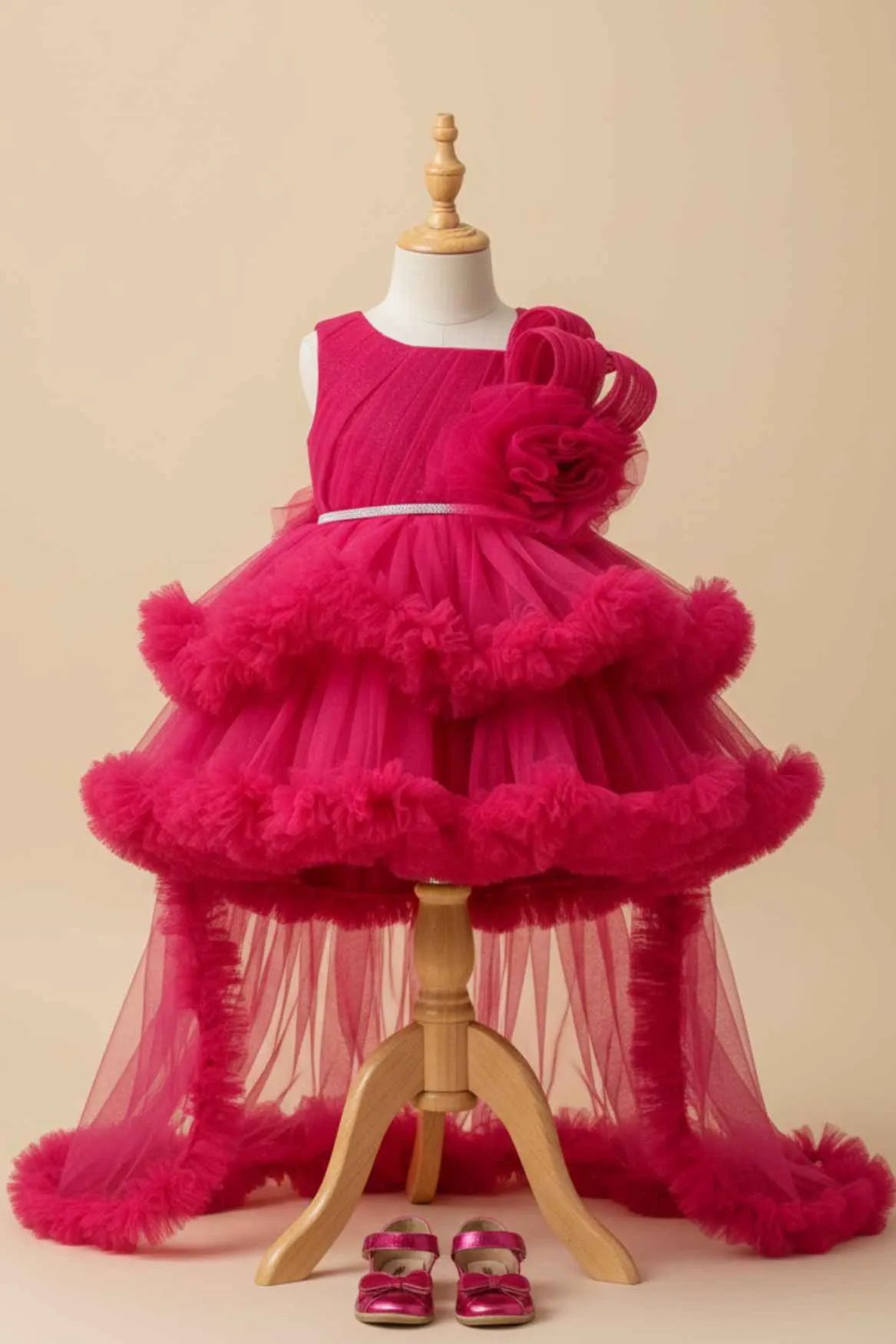 Pink Party Frock with Floral Embellished & Ruffle Layers with Tailback For Girls
