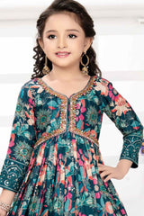 Blue Floral Printed Gown With Sequin Work For Girls